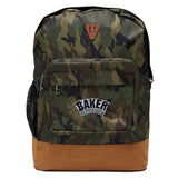 Baker Brand Logo Camo Backpack with a tan bottom, mesh side pocket, and a green/brown camouflage pattern.