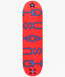 Red "Unicode 8.375" Skateboard Deck from Quasi Skateboards with blue geometric "QUASI" lettering and logos.