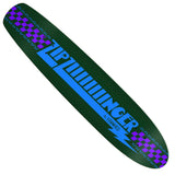Krooked Team Ziiiiiiiinger 7.7 Deck. Dark green skateboard with large blue 'Ziiiiiiiinger' graphic, purple checkerboard pattern, and 'By Krooked' text.
