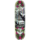 Real Ishod Holo Cath II 8.3 Skateboard Deck with stained glass art of roses, doves, and a car drifting with smoke.