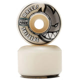 Spitfire F4 97 Duro 54mm white skateboard wheels with black and grey Spitfire logo. Formula Four performance urethane.