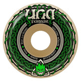 Spitfire F4 97 Una Trinity Black 54mm skateboard wheel, white with green Celtic knot and flaming skull graphic.